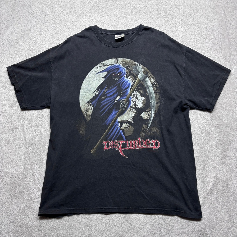 Y2K Disturbed Band T-Shirt‎ Mens XL Black Grim Reaper Graphic Hanes Heavyweight